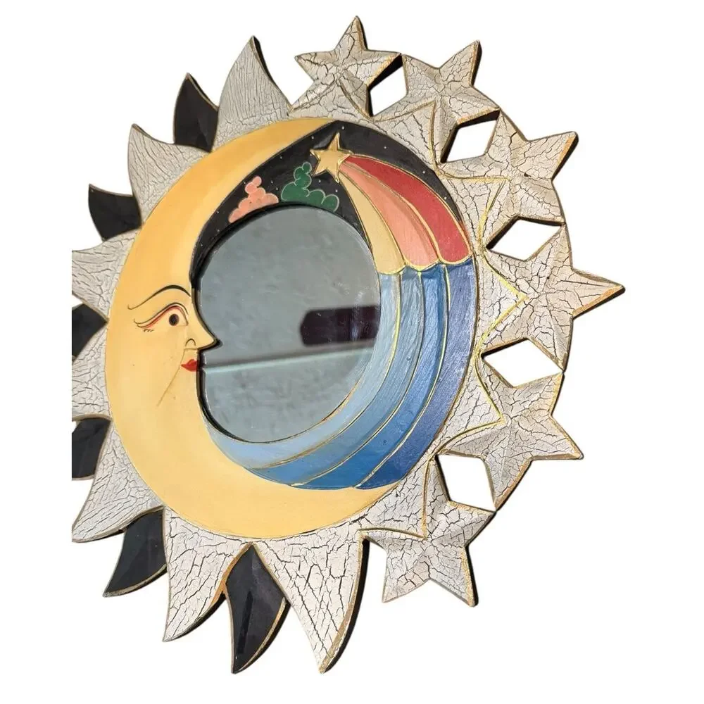 VTG Celestial Accent Wall Mirror Hand Painted Wood Sun Moon Stars Folk Art Style